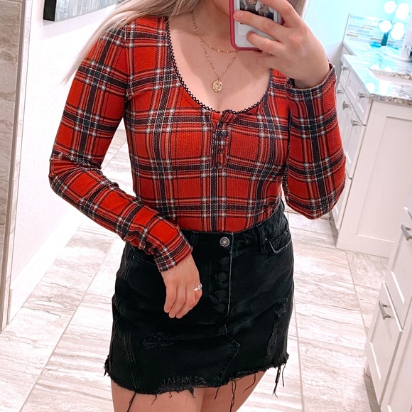 Free people red plaid long sleeve crop top - Picture 4 of 10